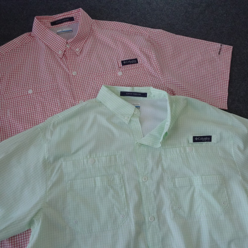 Columbia PFG Super Tamiami Fishing Shirts Mens Large Red Green Lot of 2 UPF 40